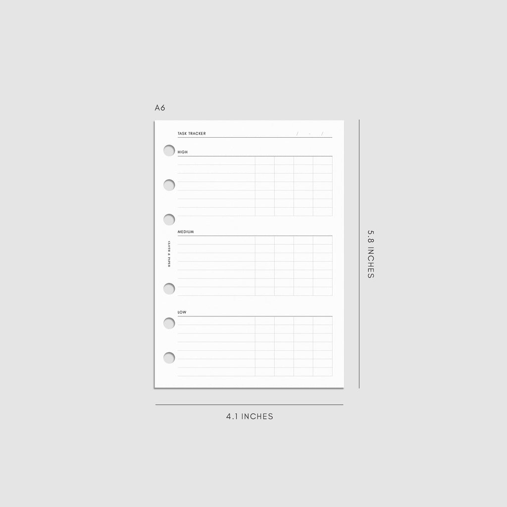 Digital mockup of the Kanban Task Tracker Planner Inserts showing sections for high, medium, and low priority tasks. Size shown is A6.