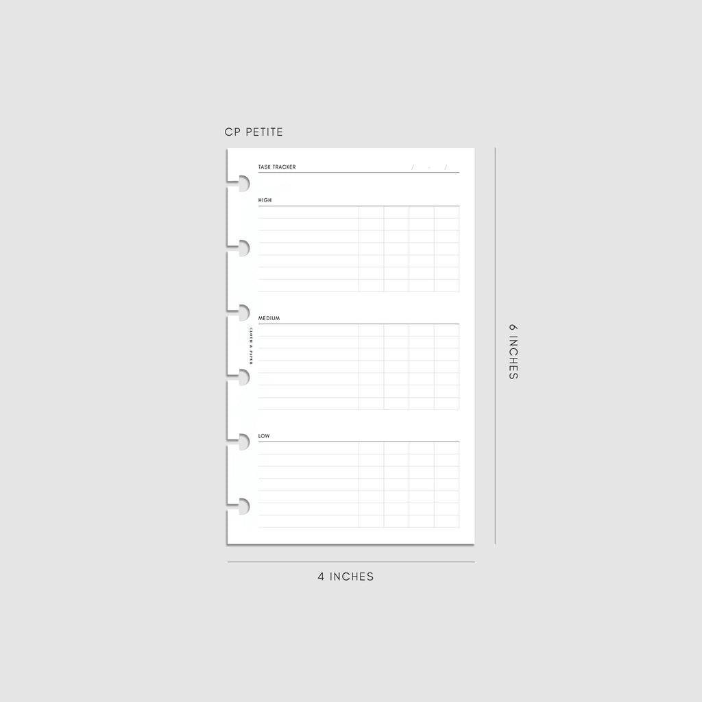 Digital mockup of the Kanban Task Tracker Planner Inserts showing sections for high, medium, and low priority tasks. Size shown is CP Petite.