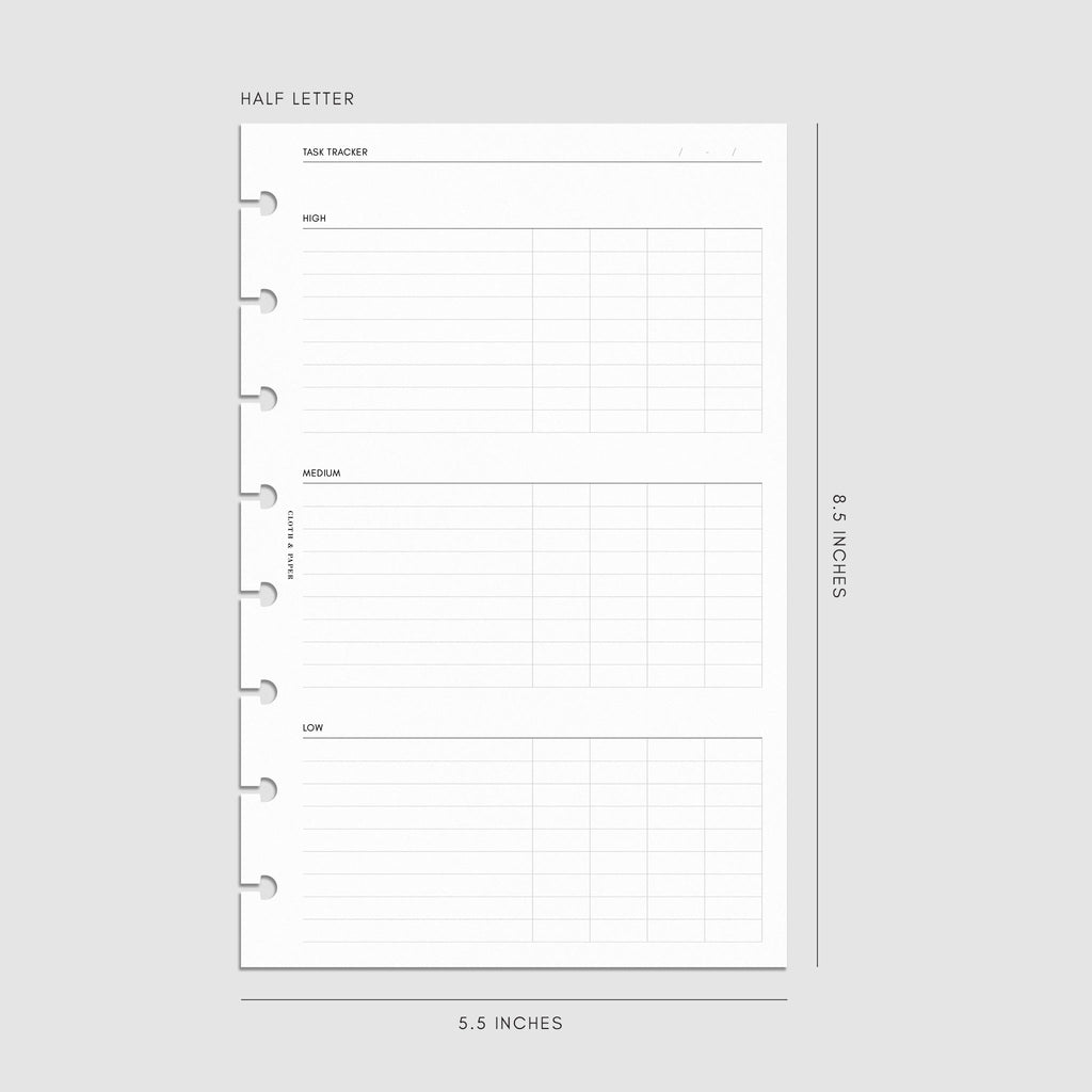 Digital mockup of the Kanban Task Tracker Planner Inserts showing sections for high, medium, and low priority tasks. Size shown is Half Letter.