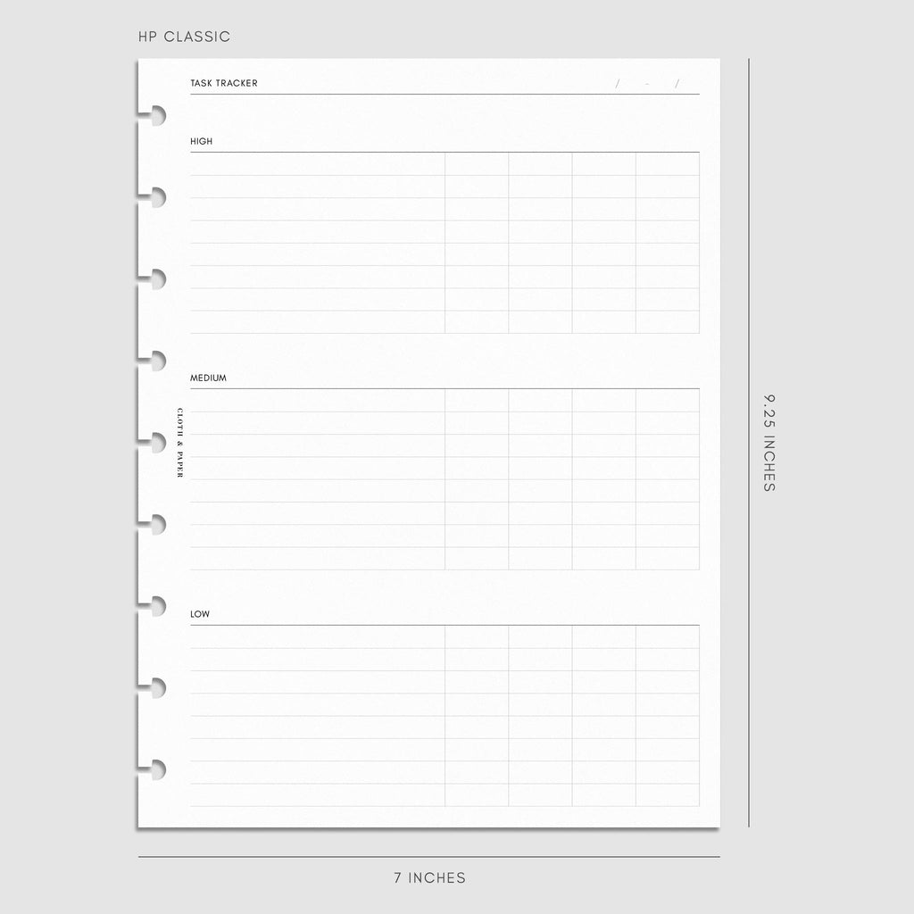 Digital mockup of the Kanban Task Tracker Planner Inserts showing sections for high, medium, and low priority tasks. Size shown is HP Classic.