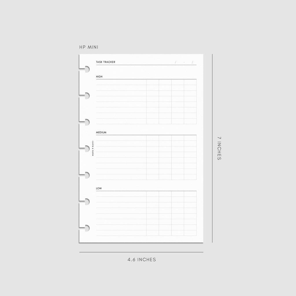 Digital mockup of the Kanban Task Tracker Planner Inserts showing sections for high, medium, and low priority tasks. Size shown is HP Mini.