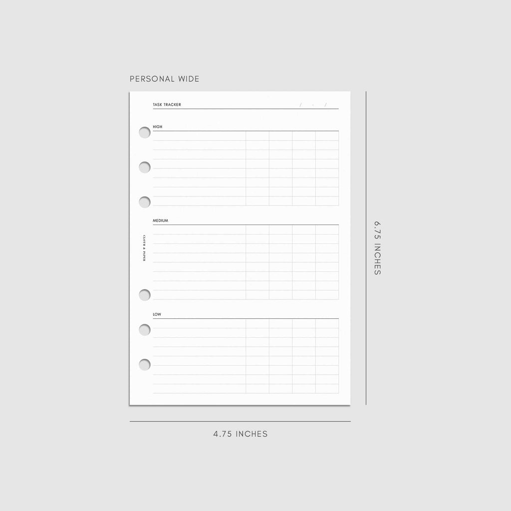 Digital mockup of the Kanban Task Tracker Planner Inserts showing sections for high, medium, and low priority tasks. Size shown is Personal Wide.