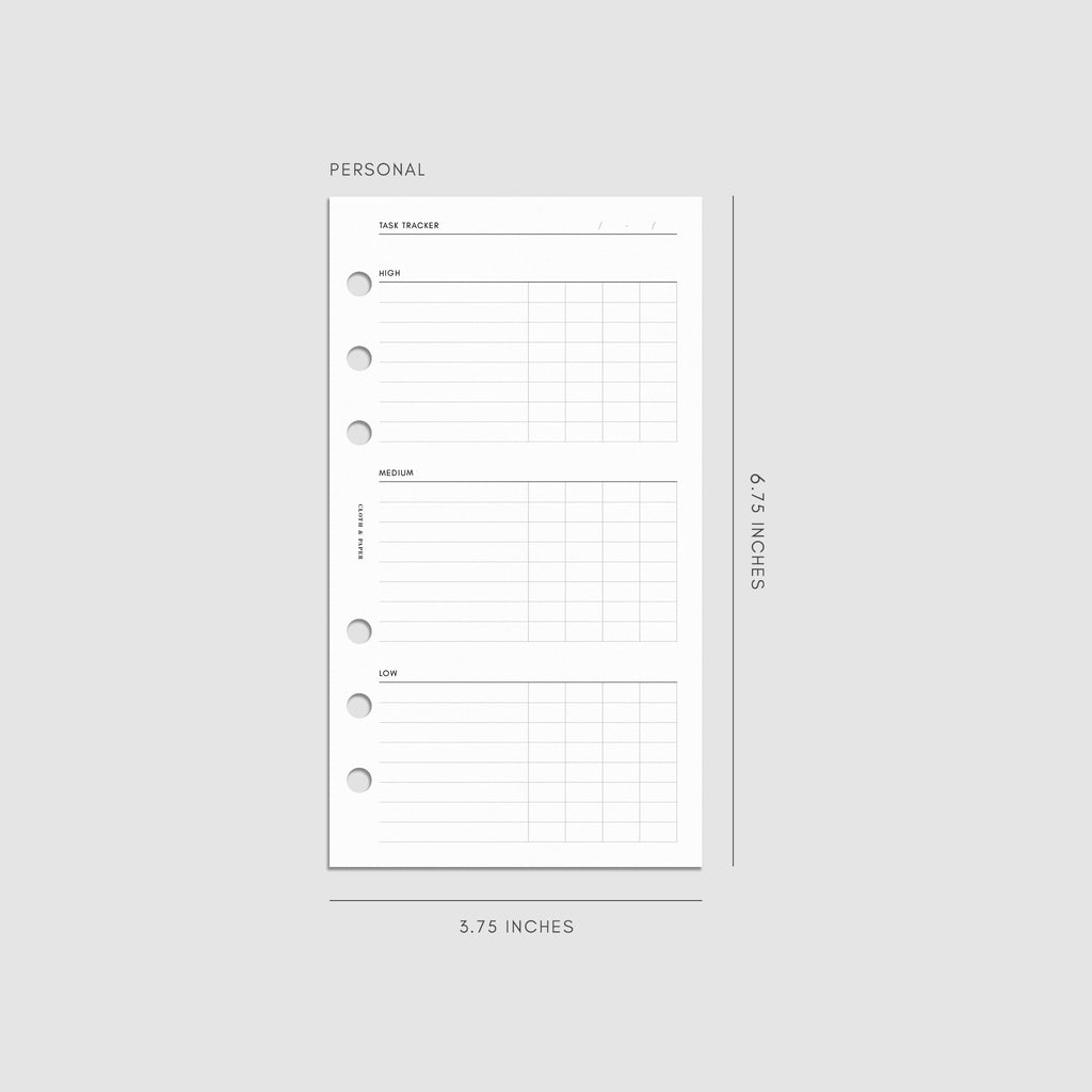 Digital mockup of the Kanban Task Tracker Planner Inserts showing sections for high, medium, and low priority tasks. Size shown is Personal.