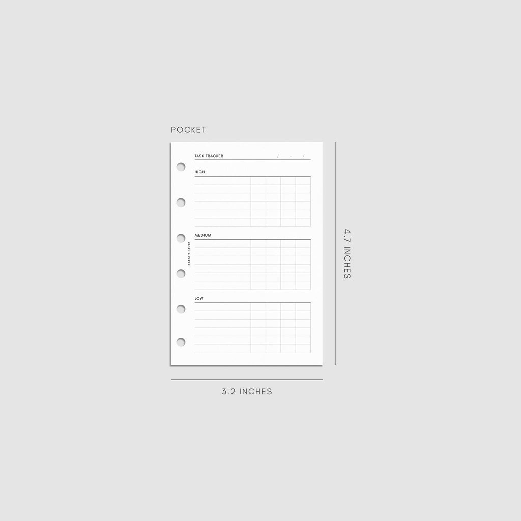 Digital mockup of the Kanban Task Tracker Planner Inserts showing sections for high, medium, and low priority tasks. Size shown is Pocket.