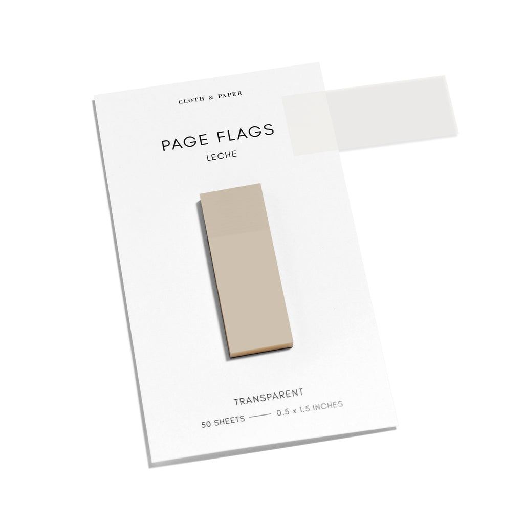 Page flags on their backing with one flag removed and attached to the backing to show its transparency. Color shown is Leche. 