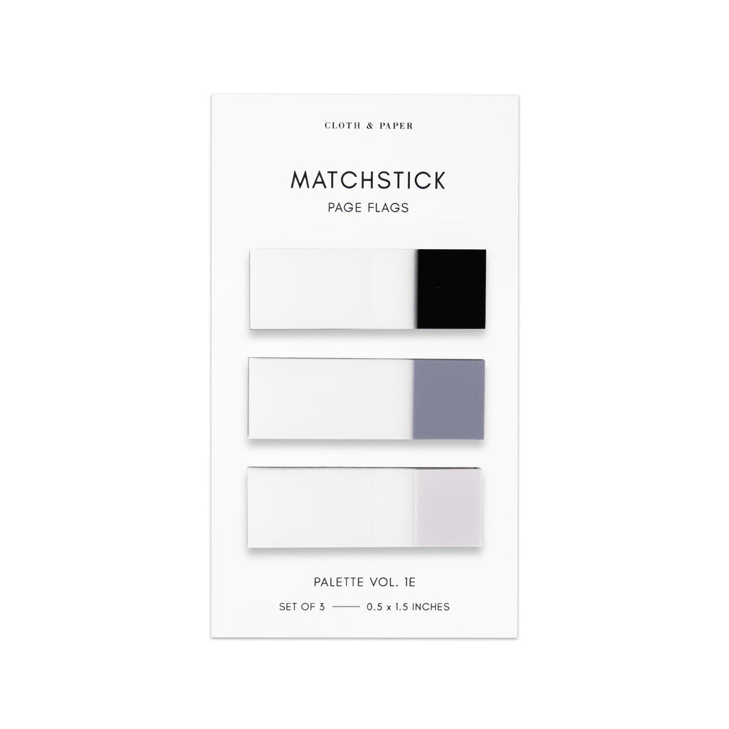 Matchstick Page Flag Set, Palette Vol. 1E, Avant Garde, Fog, and Aspen, Cloth and Paper. Page flags on their backing a white background.