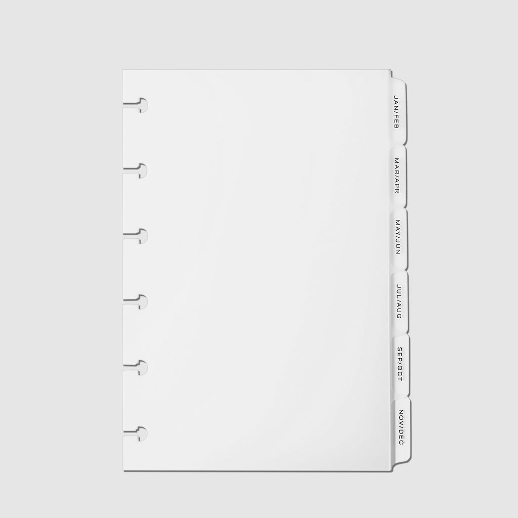 Monthly Side Tab Planner Dividers, Low Profile, Matte. Black foil tabs displayed on a white background.