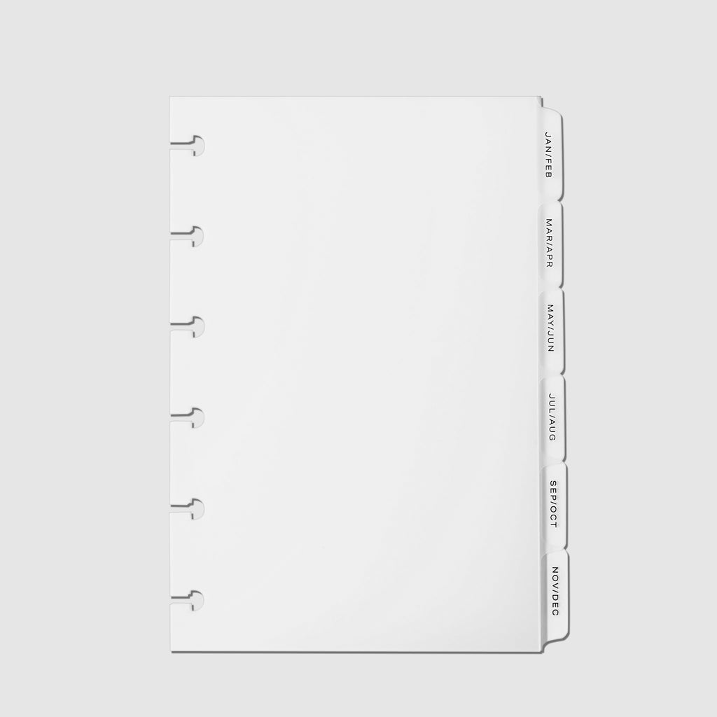 Monthly Side Tab Planner Dividers, Low Profile, Matte. Black foil tabs displayed on a white background.