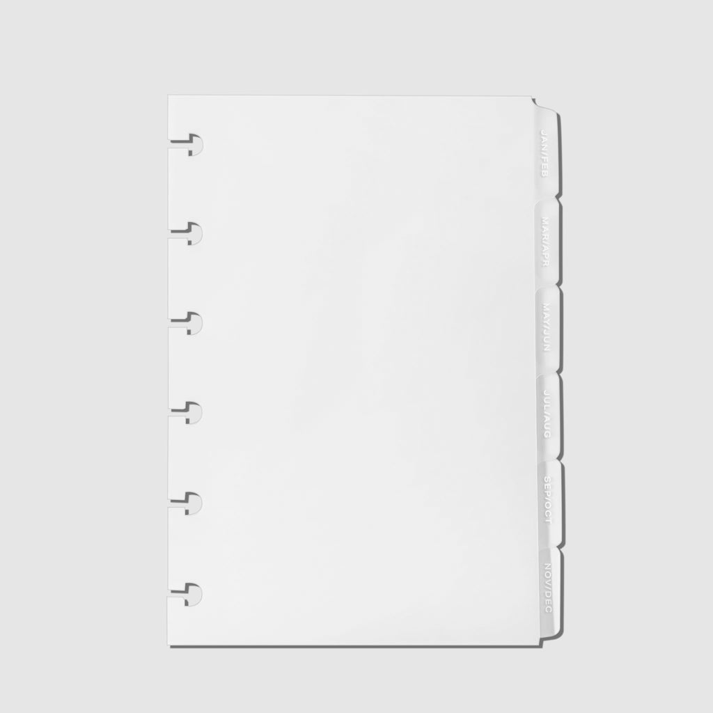 Monthly Side Tab Planner Dividers, Low Profile, Matte. White foil tabs displayed on a white background.