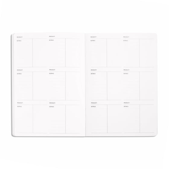 Product Inventory Notebook, A5, Cloth and Paper. Notebook open showing pages inside, against a white background.