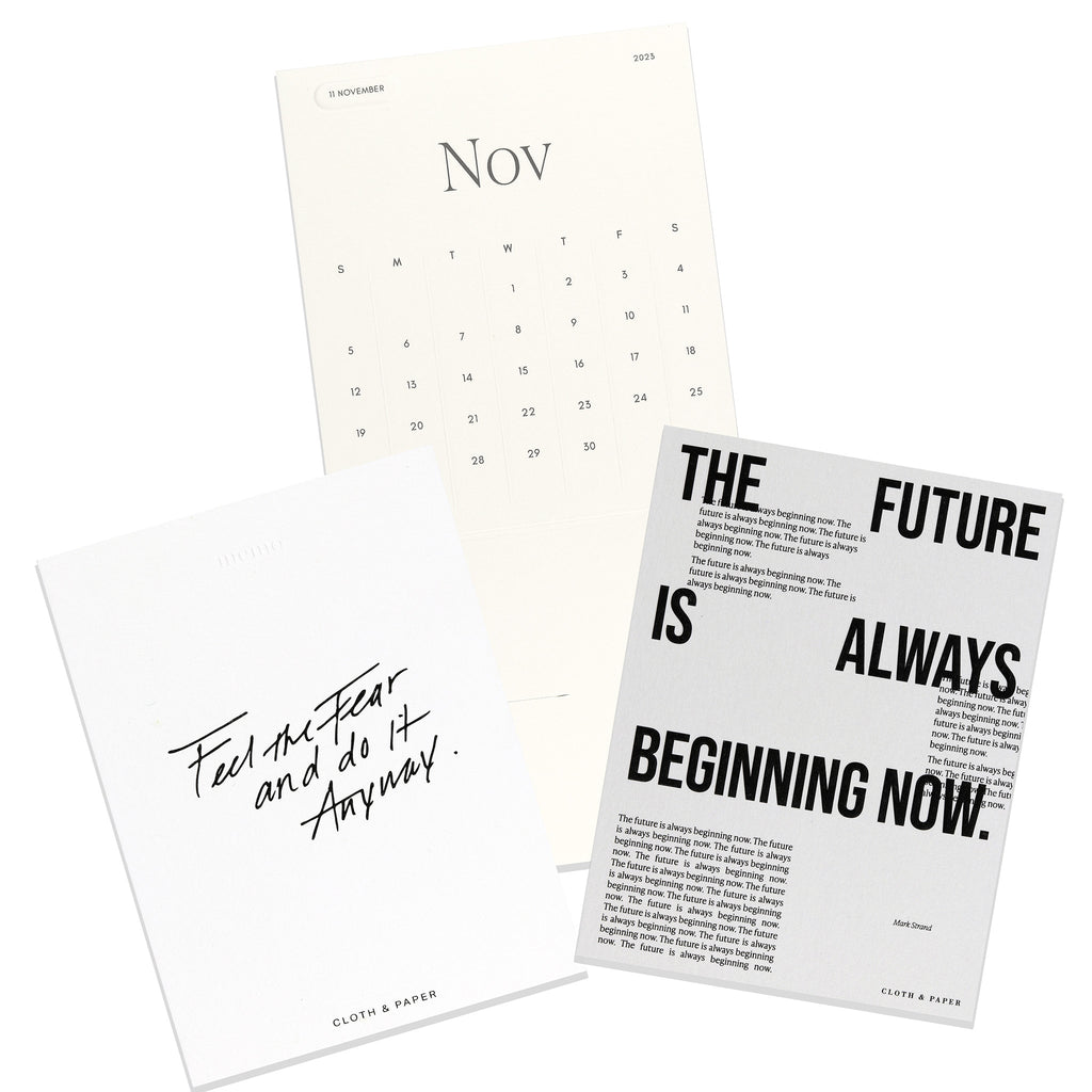 Planning Principles Journaling Card Set, Cloth and Paper. Set of three cards displayed on a white background - Fear journaling card, Beginning Now journaling card, and November 2023 pop up calendar.