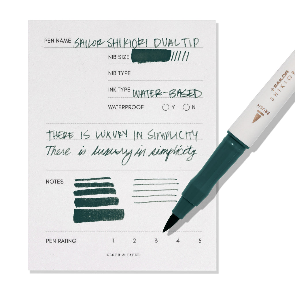 Pen displayed next to in use pen test sheet. Color pictured is Miruai. 
