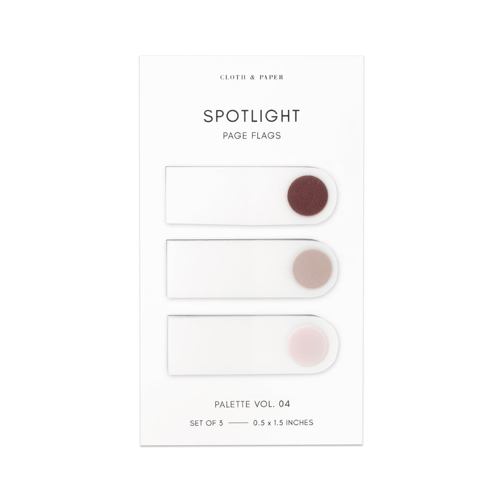 Spotlight Page Flag Set, Palette Vol. 04, Bordeaux, Demure, and Porcelain, Cloth and Paper. Set of page flags on their backing against a white background.