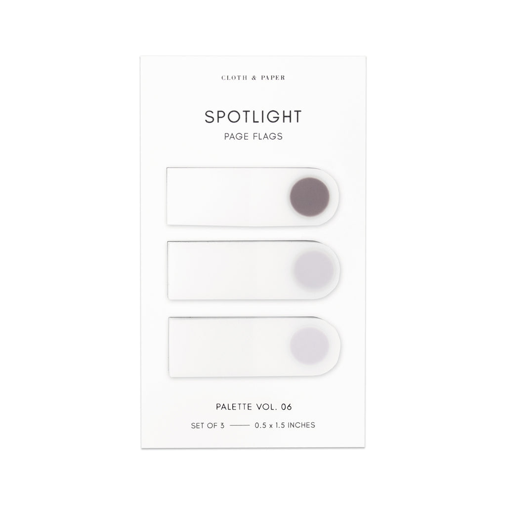 Spotlight Page Flag Set in Palette Vol. 6 featuring colors Quartz, Beignet, and Champagne. Page flags against a white background.