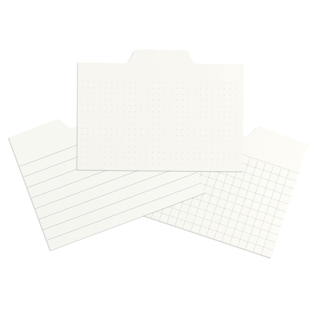 Tabbed Index Cards, Cloth and Paper. Cards stacked on top of each other on a white background. The top card has dot grid patterning, below it is lined, and at the bottom of the pile is grid patterning.