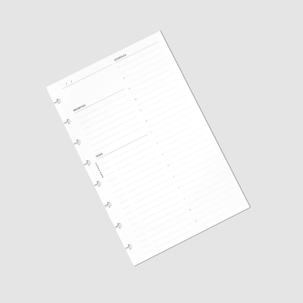 Undated Daily Planner Inserts, Refreshed Layout, Cloth and Paper. Insert page turned slightly to the left against a white background.