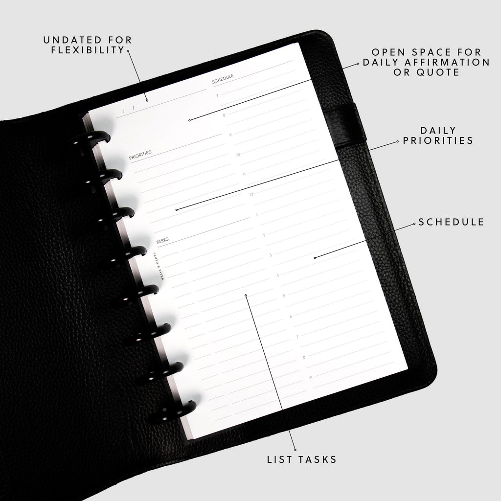 Undated Daily Planner Inserts in a black discbound planner tilted slightly to the left. Annotations for the sections include: Undated for Flexibility, Open Space for Daily Affirmation or Quote, Daily Priorities, Schedule and List Tasks
