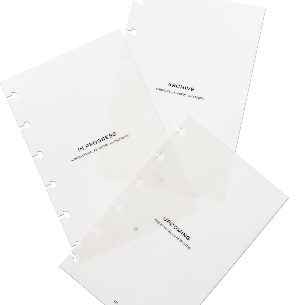 Vellum Section Planner Dashboard Set, Cloth and Paper. Lifecycle set of dashboards arranged on a white background. They read - from top to bottom - "archive," "in progress," and "upcoming."