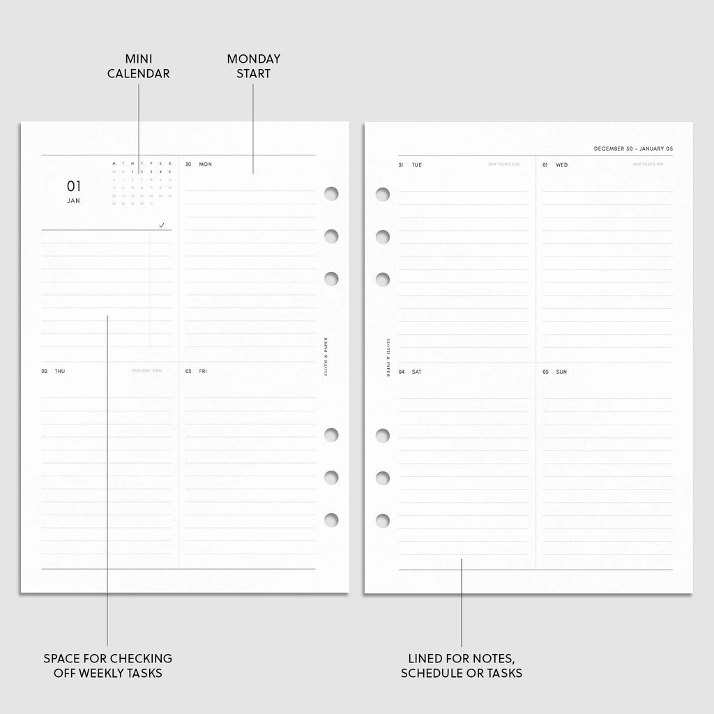Digital mockup of the 2025 Dated Vertical Weekly Lined Planner Insert | Monday Start showing the vertical weekly spread with sections for tasks, notes, the schedule, and a mini calendar. The features of the insert are highlighted with arrows pointing to them. Size shown is A5.