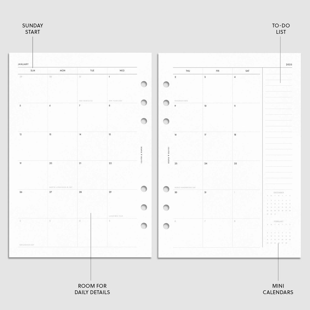 Digital mockup of the 2025 Dated Vertical Weekly Lined Planner Insert | Sunday Start showing the monthly calendar spread. The features of the insert are highlighted with arrows pointing to them. Size shown is A5.