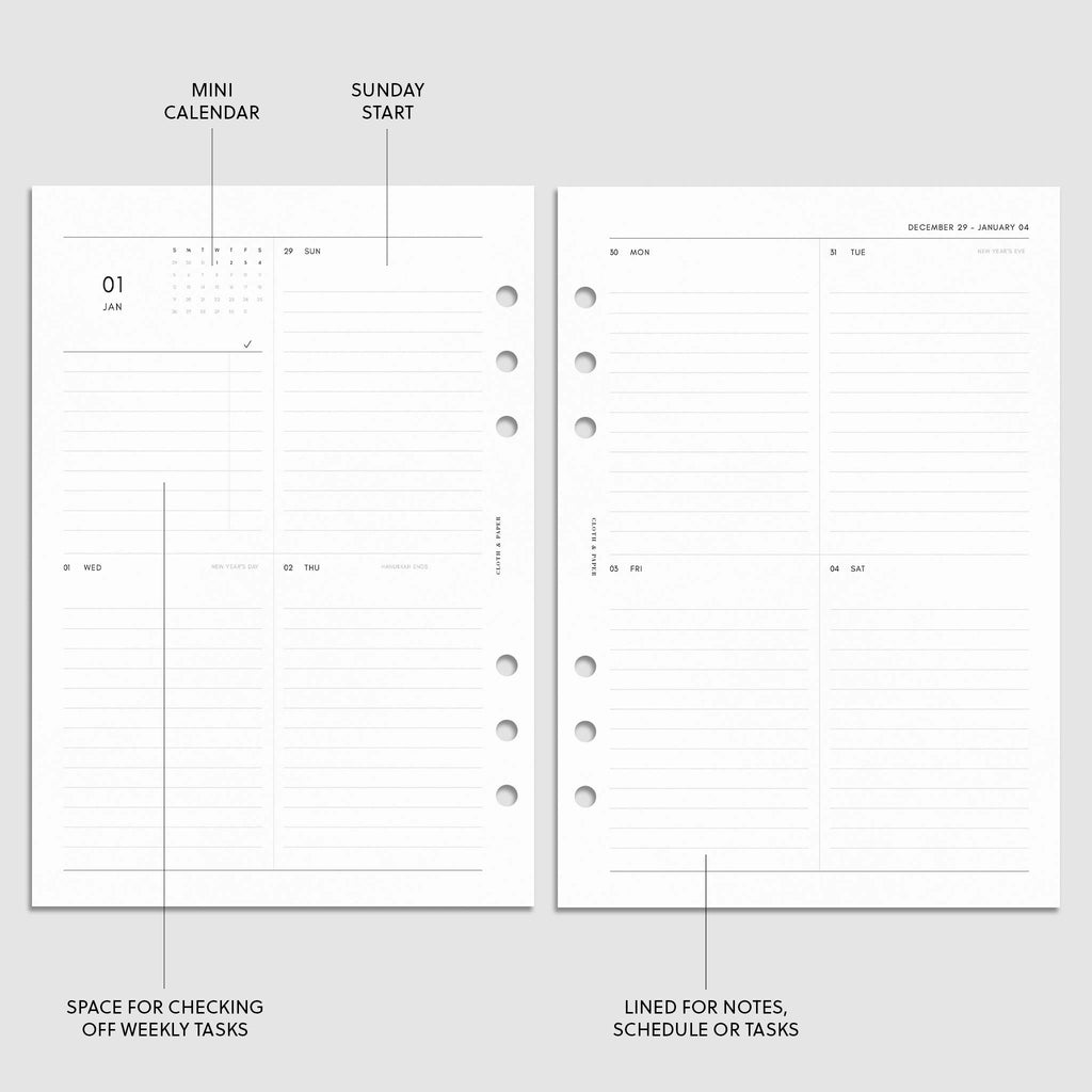 Digital mockup of the 2025 Dated Vertical Weekly Lined Planner Insert | Sunday Start showing the vertical weekly spread with sections for tasks, notes, the schedule, and a mini calendar. The features of the insert are highlighted with arrows pointing to them. Size shown is A5.