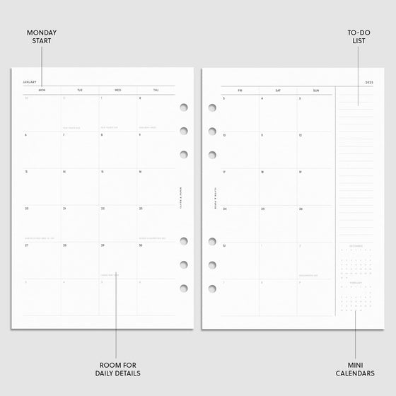 Digital mockup of the 2025 Dated Weekly Schedule Planner Insert | Monday Start showing the monthly calendar spread. The features of the insert are highlighted with arrows pointing to them. Size shown is A5.