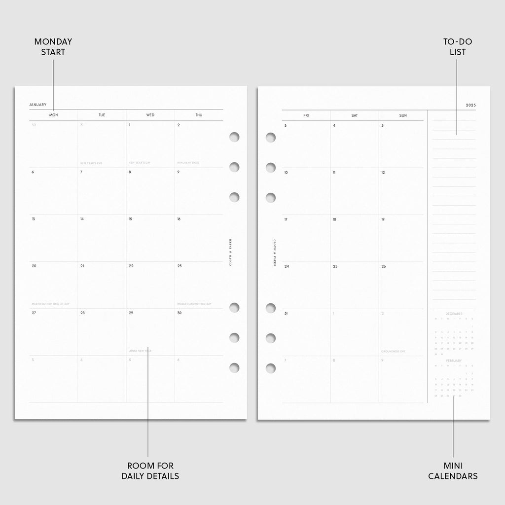 Digital mockup of the 2025 Dated Weekly Schedule Planner Insert | Monday Start showing the monthly calendar spread. The features of the insert are highlighted with arrows pointing to them. Size shown is A5.