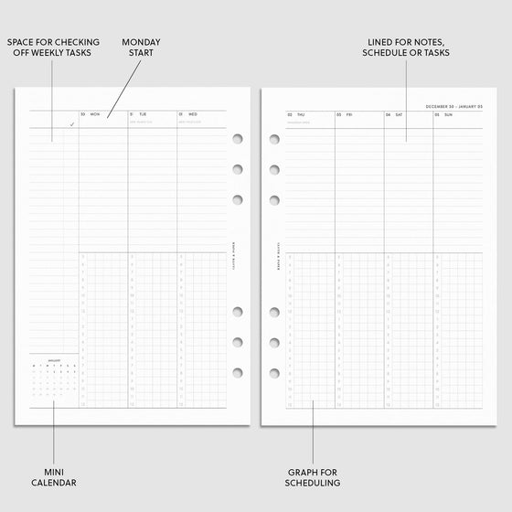 Digital mockup of the 2025 Dated Weekly Schedule Planner Insert | Monday Start showing the weekly schedule spread with sections for tasks, notes, a graph for scheduling, and a mini calendar. The features of the insert are highlighted with arrows pointing to them. Size shown is A5.