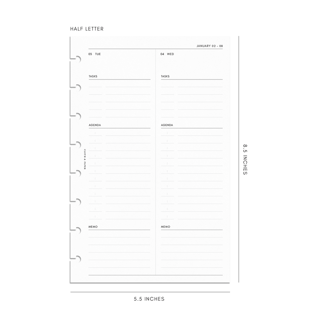 2023 Dated Planner Inserts, Daily, 2 Days Per Page, Cloth and Paper. Mockup image of insert spread in Half Letter Discbound sizing.
