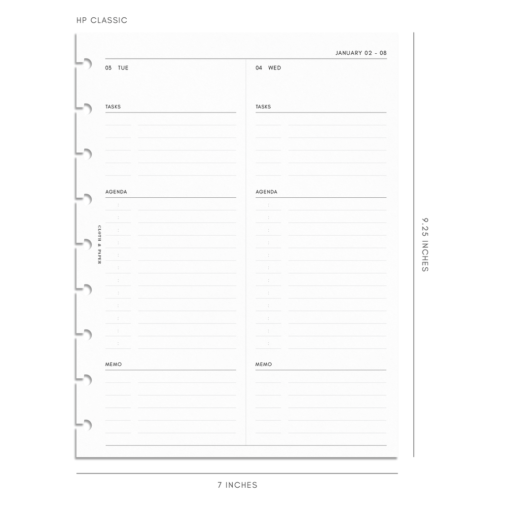 2023 Dated Planner Inserts, Daily, 2 Days Per Page, Cloth and Paper. Mockup image of insert spread in HP Classic sizing.