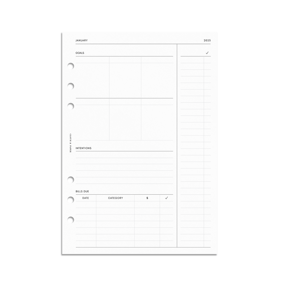 2023 Dated Planner Inserts, Daily, 2 Days Per Page, Cloth and Paper. Mockup image of a Month page.