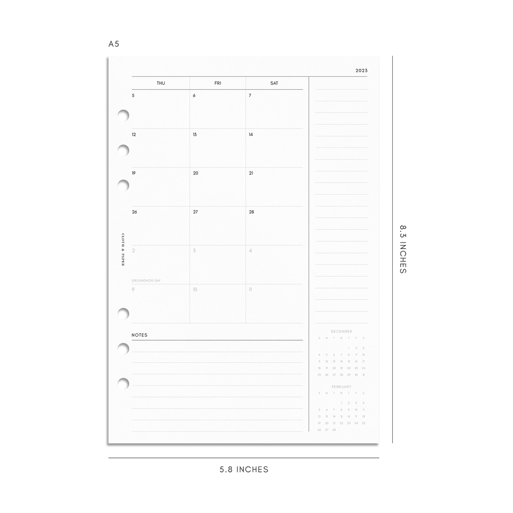 2023 Dated Planner Inserts, Monthly, Sunday Start, Cloth and Paper. Digital mockup of the A5 size.