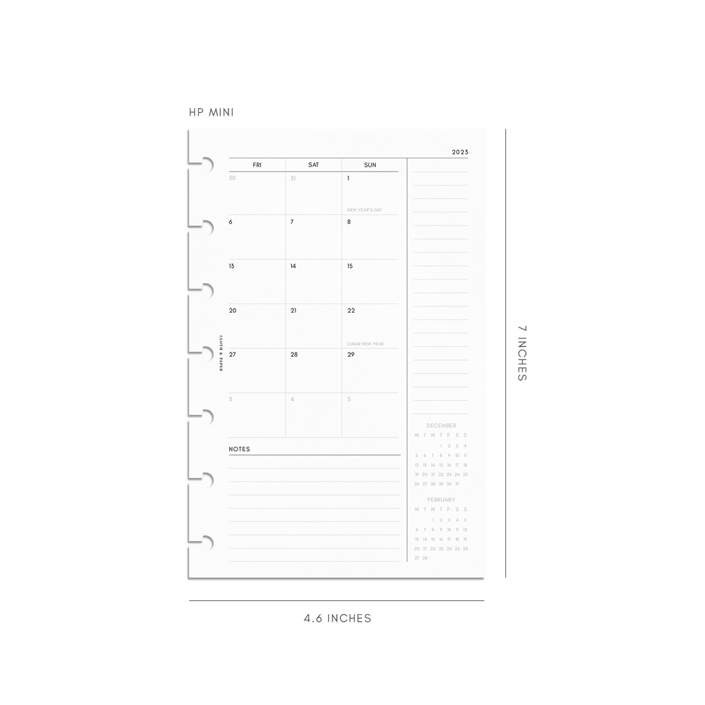 2023 Dated Planner Inserts, Monthly, Monday Start, Cloth and Paper. Digital mockup of the HP Mini size.