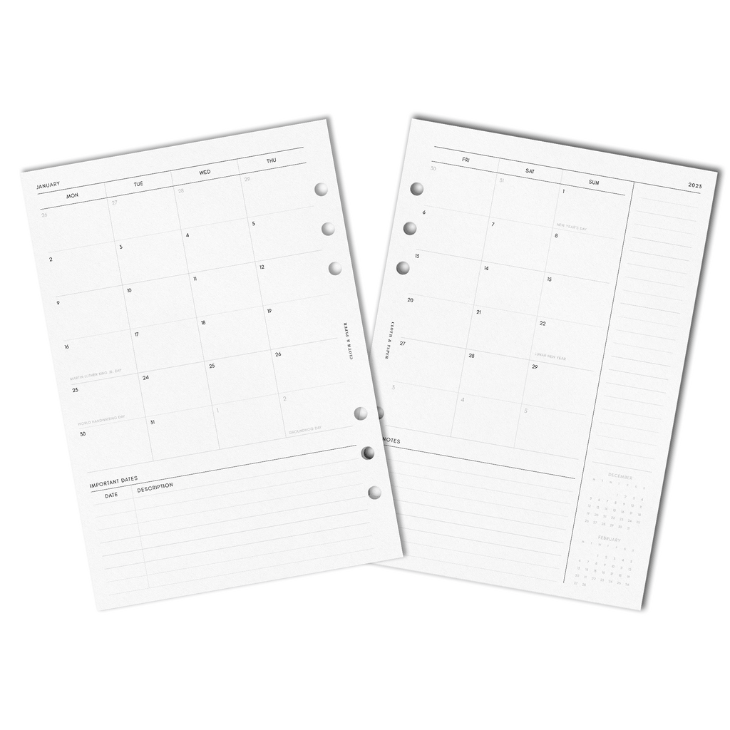2023 Dated Planner Inserts, Monthly, Monday Start, Cloth and Paper. Digital mockup of insert spread.
