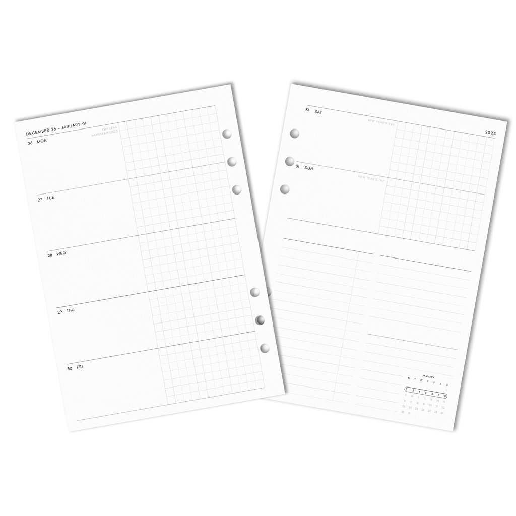 2023 Dated Planner Inserts, Horizontal Weekly, Cloth and Paper. Digital mockup of insert spread.