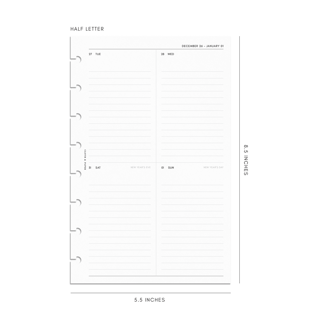 2023 Dated Planner Inserts, Vertical Weekly Lined, Monday Start, Cloth and Paper. Digital mockup of the Half Letter Discbound size.