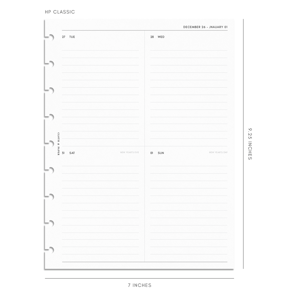2023 Dated Planner Inserts, Vertical Weekly Lined, Monday Start, Cloth and Paper. Digital mockup of the HP Classic size.
