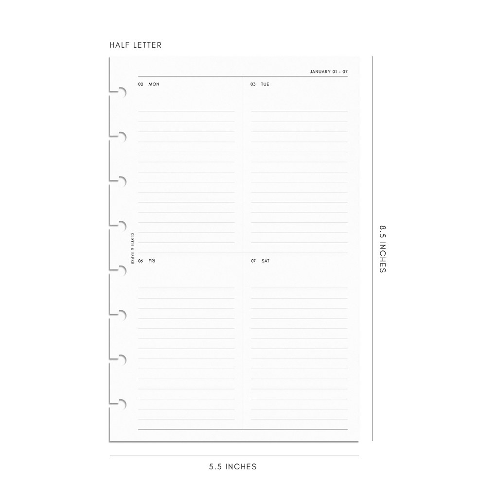 2023 Dated Planner Inserts, Vertical Weekly Lined, Sunday Start, Cloth and Paper. Digital mockup of the insert in Half Letter Discbound sizing.