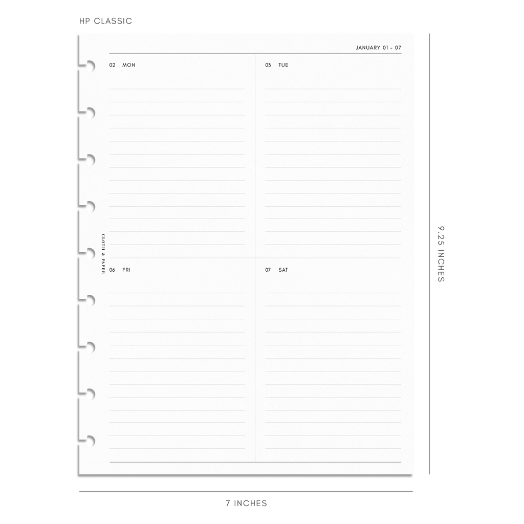 2023 Dated Planner Inserts, Vertical Weekly Lined, Sunday Start, Cloth and Paper. Digital mockup of the insert in HP Classic sizing.