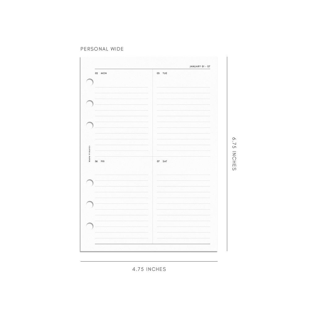 2023 Dated Planner Inserts, Vertical Weekly Lined, Sunday Start, Cloth and Paper. Digital mockup of the insert in Personal Wide sizing.