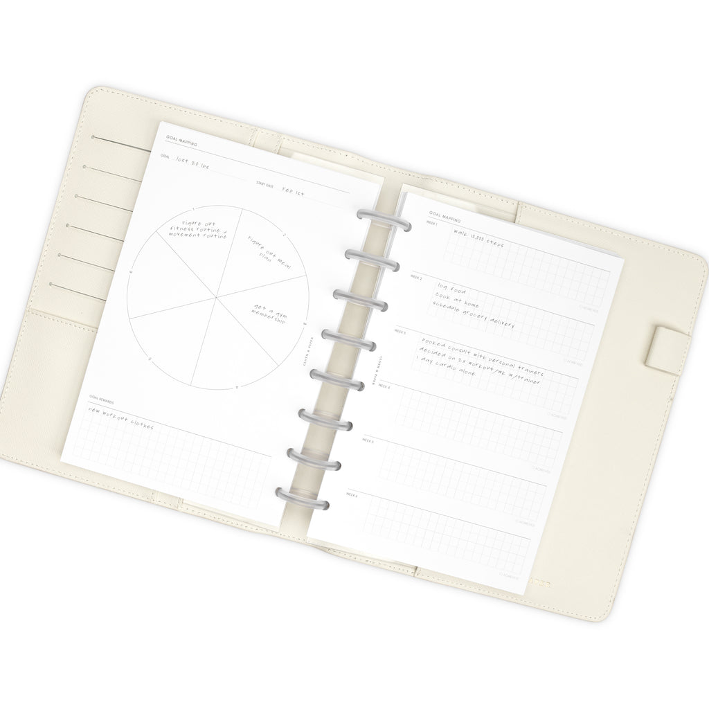 Insert spread in use inside a white leather planner. Spread displayed is the demo page for the goal mapping spread.