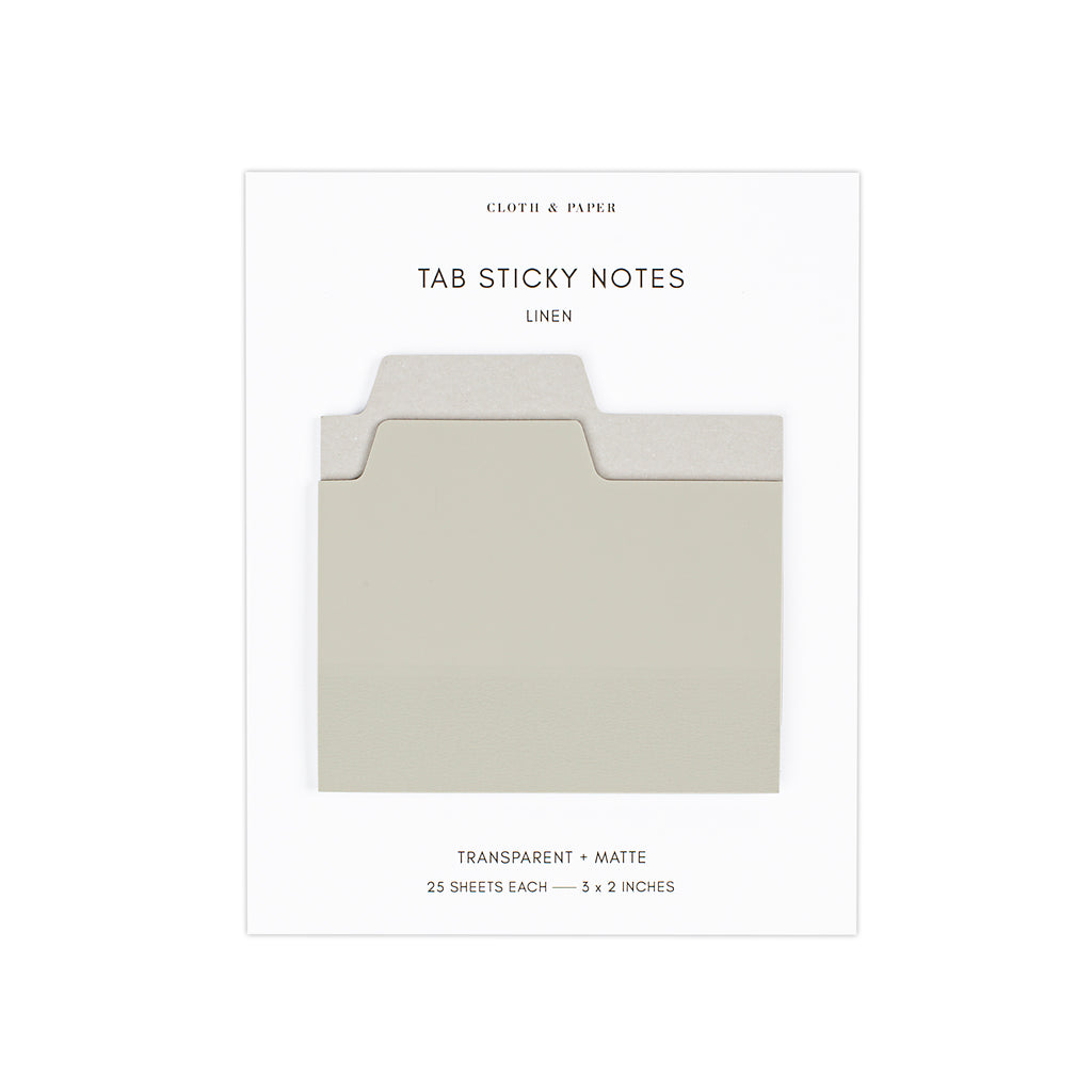 Blank Tab Sticky Note Set, Linen, Cloth and Paper. Sticky note set displayed against a white background. The matte sticky note pad is attached to the sticky note backing, while the transparent sticky note pad is layered on top of it, turned slightly to the right.