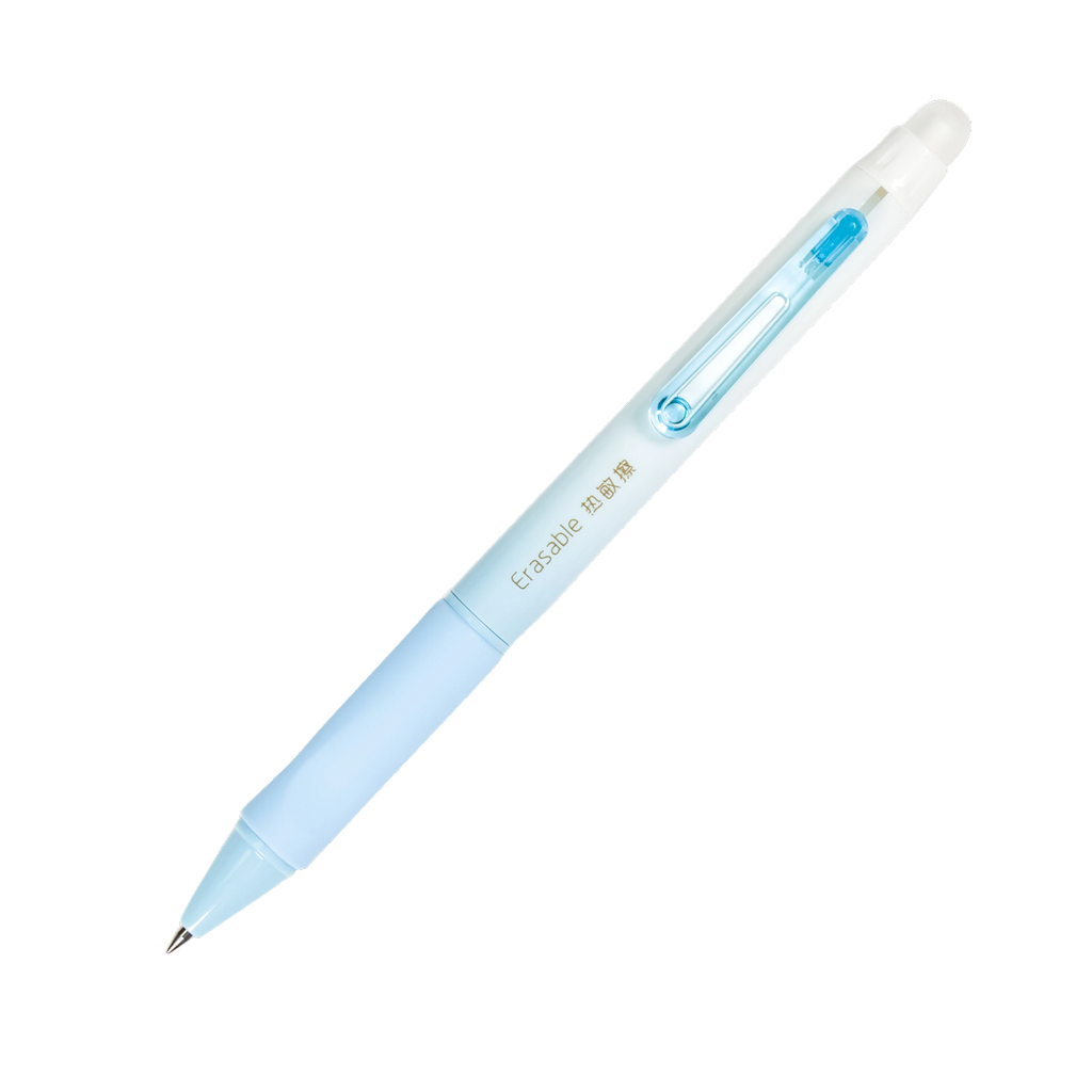 Deli Erasable Gel Pen in Blue turned to the right against a white background.