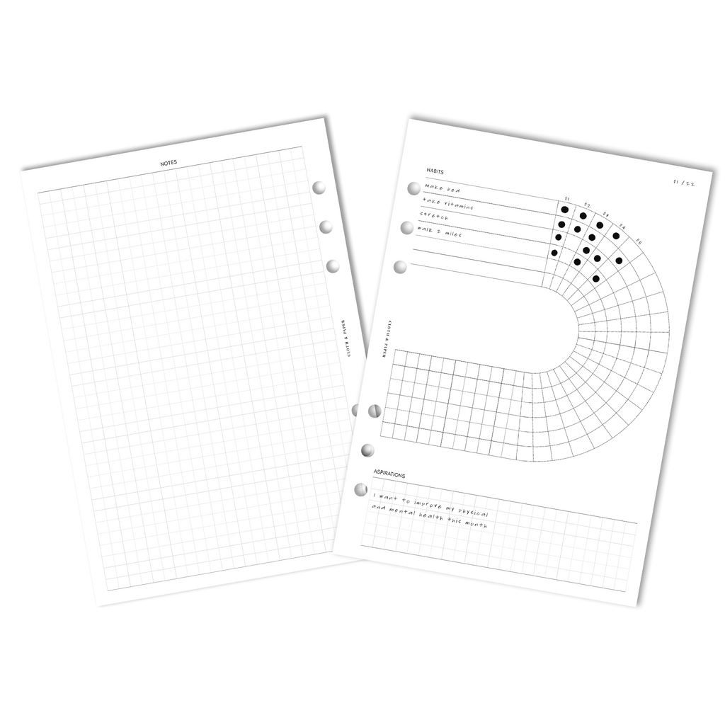 Arched Habit Tracker Insert, Cloth and Paper. Digital mockup of insert spread in A5 sizing.
