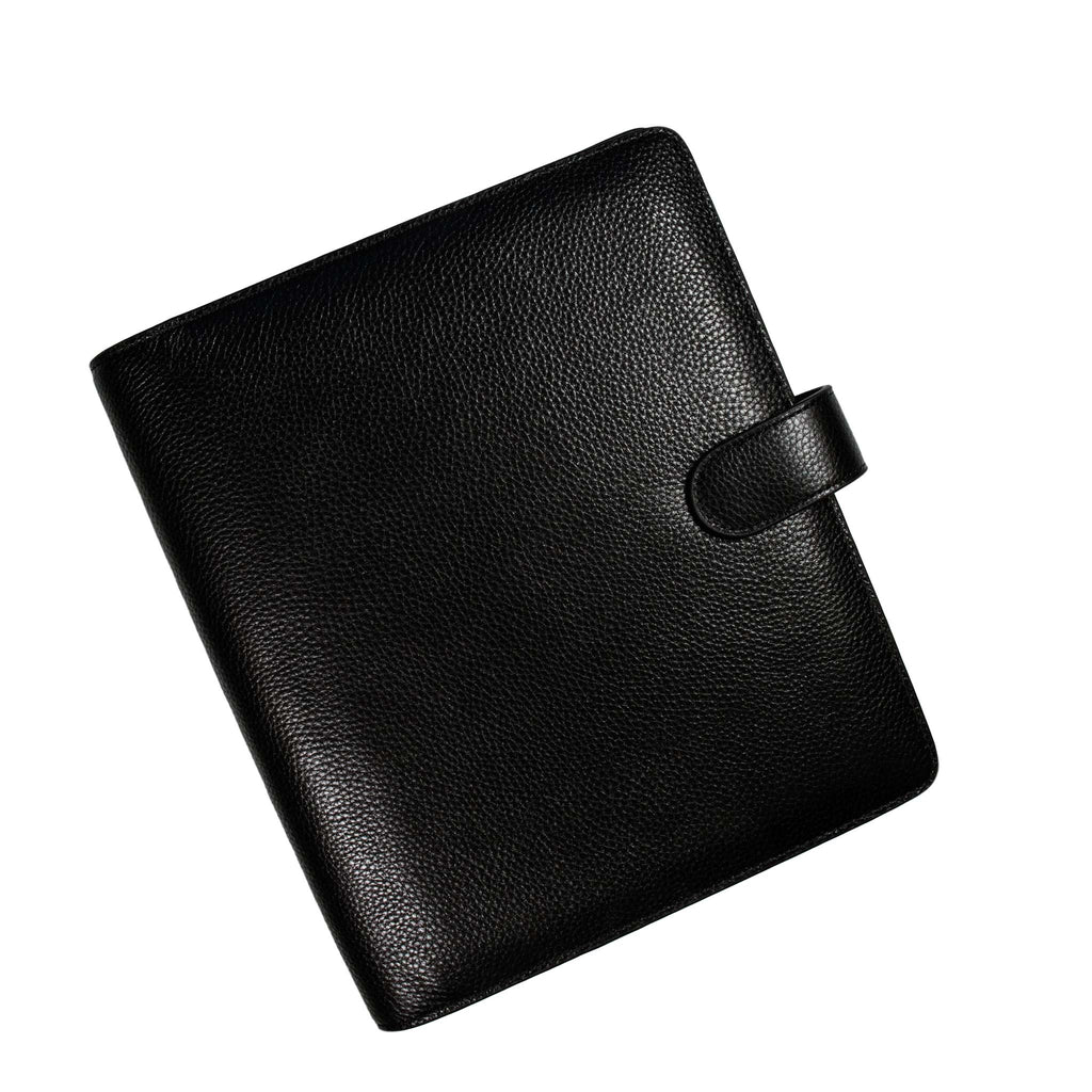 Agenda Cover in HP Classic with Smooth Black Leather closed to show the front cover, turned to the left against a white background.