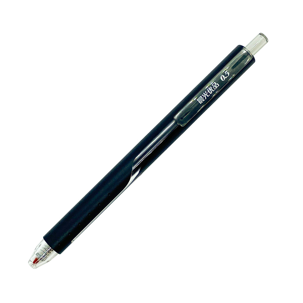 CEO Chic Gel Pen, Cloth and Paper. Black and clear pen body against white background