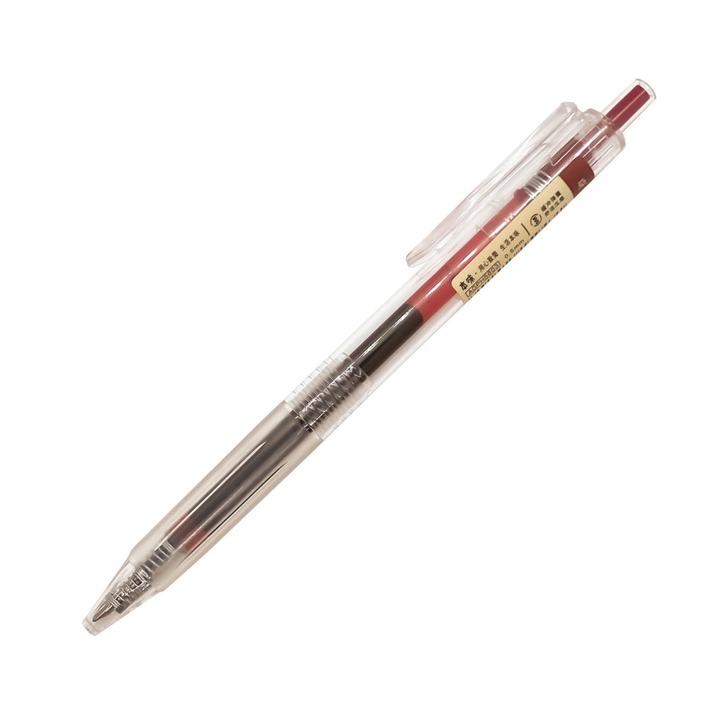 Click Me Gel Pen, Mulberry, Cloth and Paper. Red and clear pen body on white background.