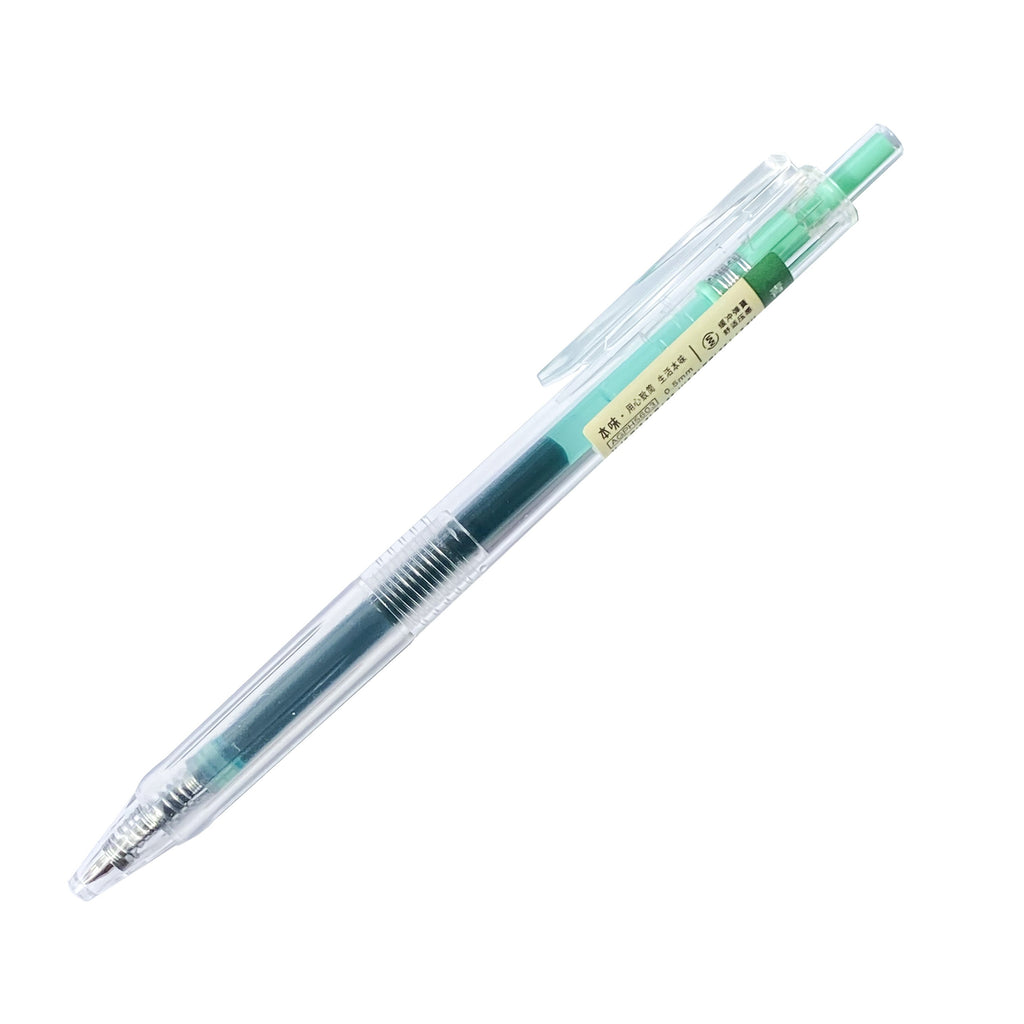 Click Me Gel Pen, Teal, Cloth and Paper. Teal and clear pen body against white background.