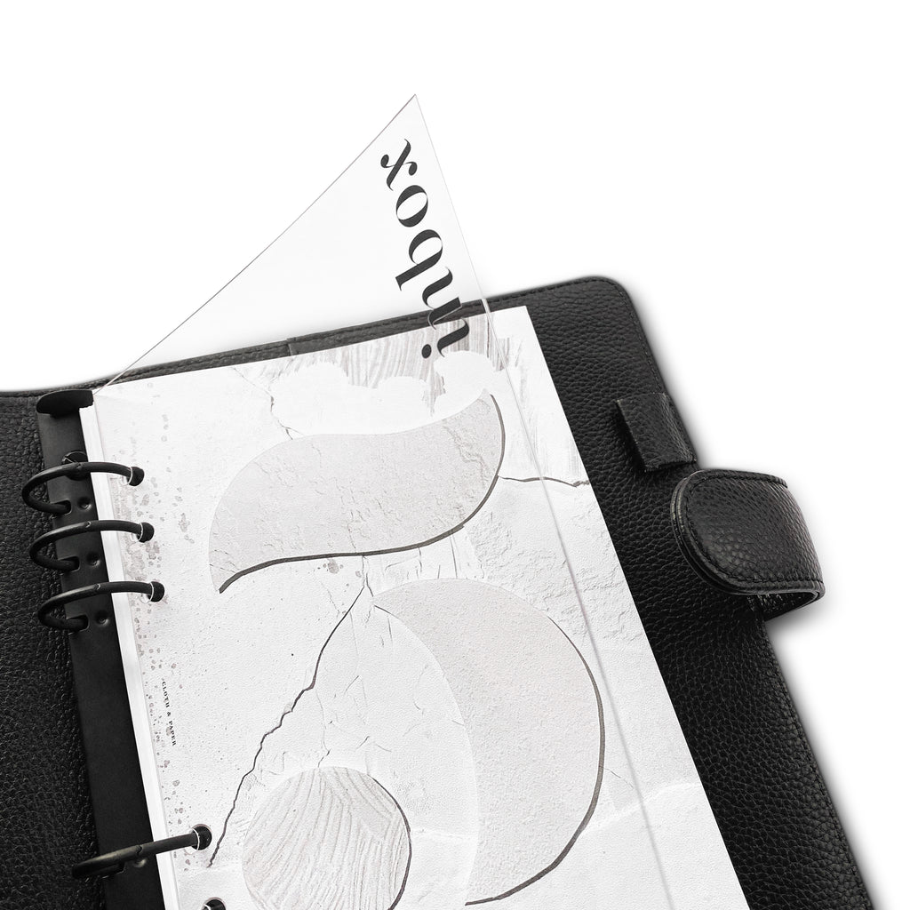 Crystal Clear Inbox Planner Dashboard, Cloth and Paper. Dashboard in use inside a black leather planner.