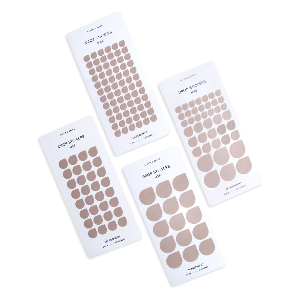 Four sheets of Nude drop stickers in varying sizes shown parallel to each other on a white background.